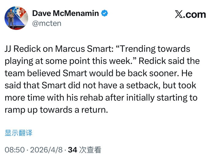 斯玛特复出时间或提前 球队调整康复计划